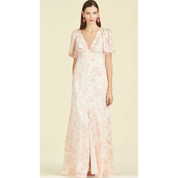 Sachin & Babi 12 Alli Gown Maxi Shift Dress floral Cream V Neck Puff Sleeve - Picture 1 of 9